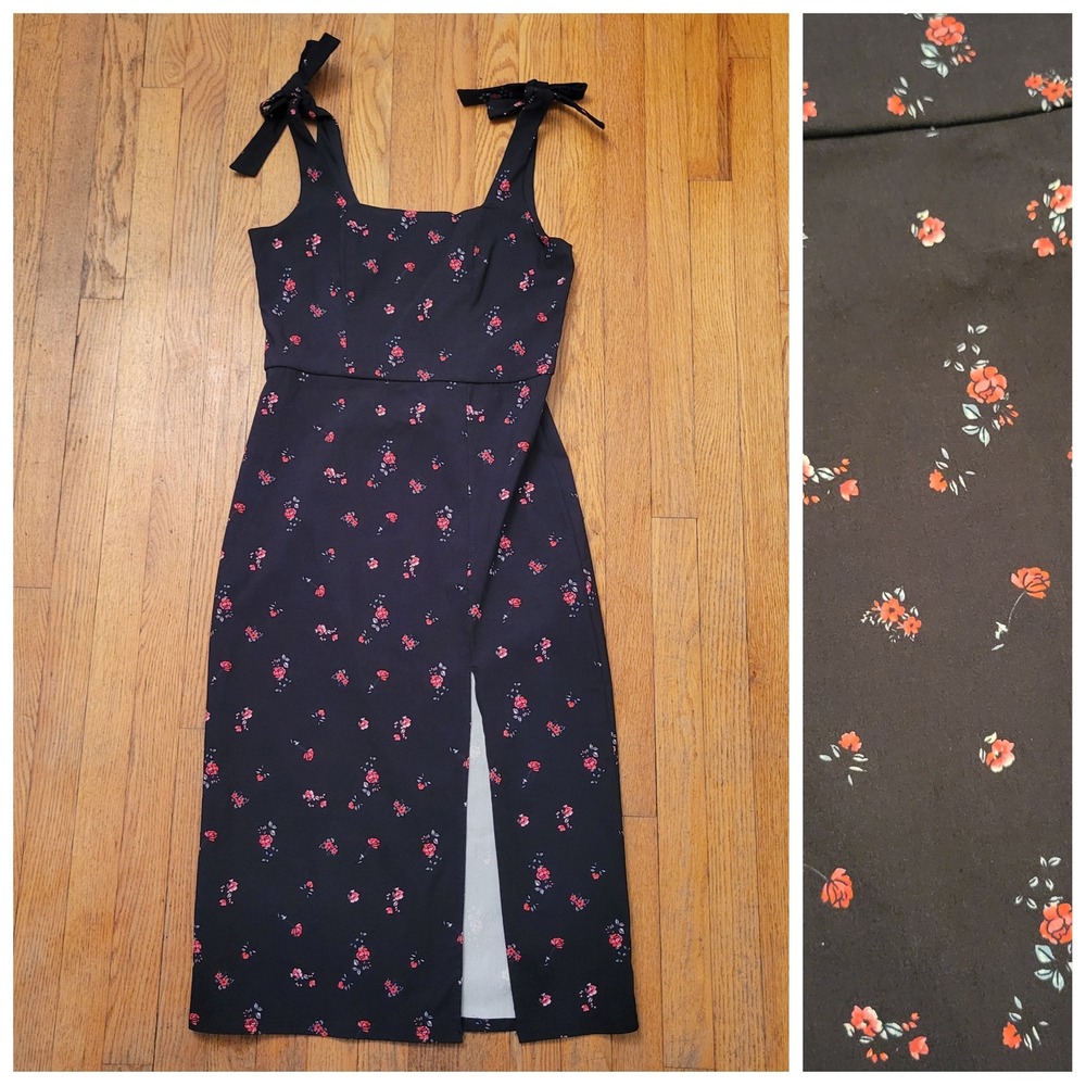 Francesca L Midi Dress Black Red Floral Tie Strap Front Slit Maddie Bow Coquette